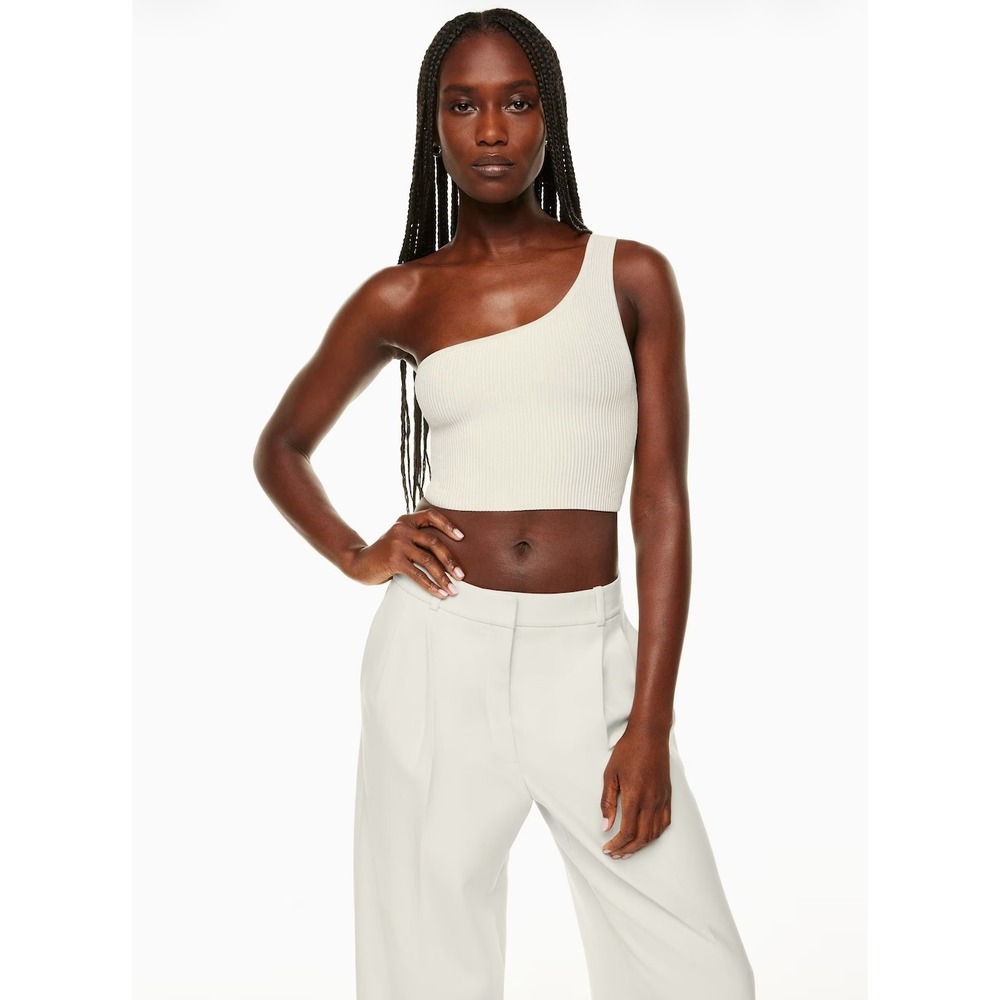 Babaton One Shoulder Crop Top Womens S Bone Ribbed Asymmetrical Knit